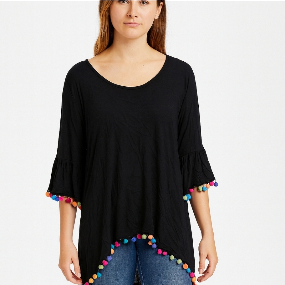 Paisley Vine Black Midi Puff Ball Sheer Asymmetrical Tunic Top Sz Sm